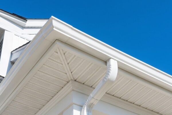 Close-up of a home's white gutter system and eaves under a clear blue sky, showcasing modern architectural details.