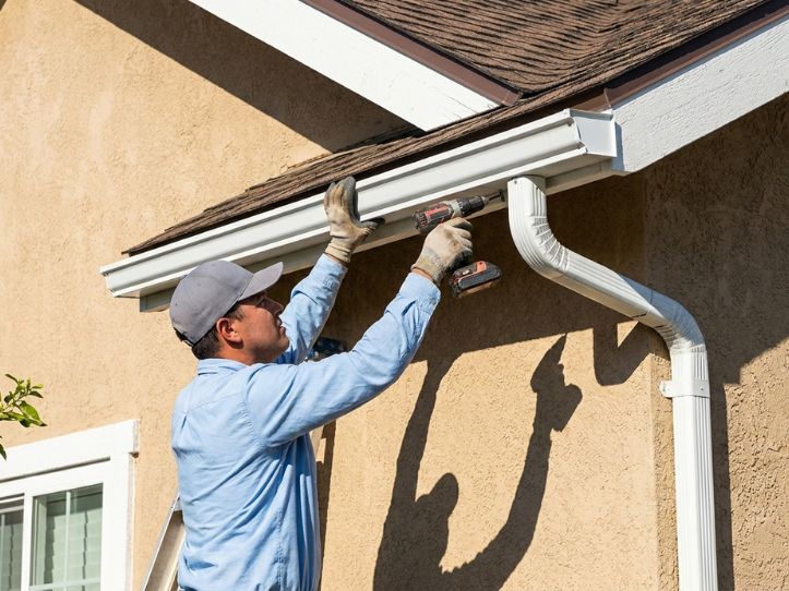Worker installing gutters on a house, using a drill, wearing gloves and a cap, under bright sunlight.