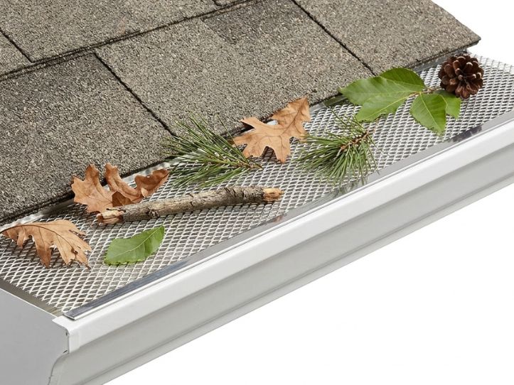 Gutter guard with leaves, pine needles, and a stick resting on a roof's edge, highlighting seasonal debris accumulation.
