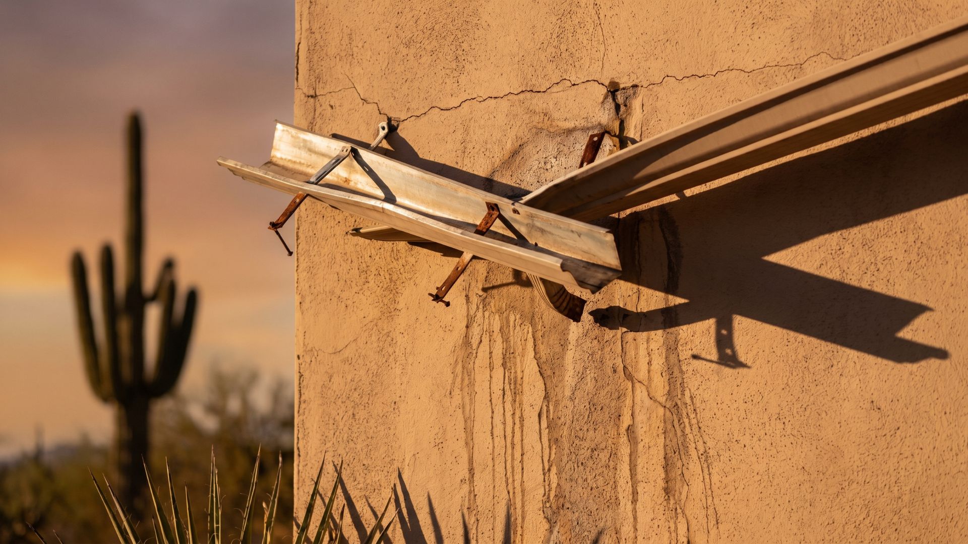 Rusty gutter hanging from a cracked wall, with a cactus silhouette in the background at sunset.
