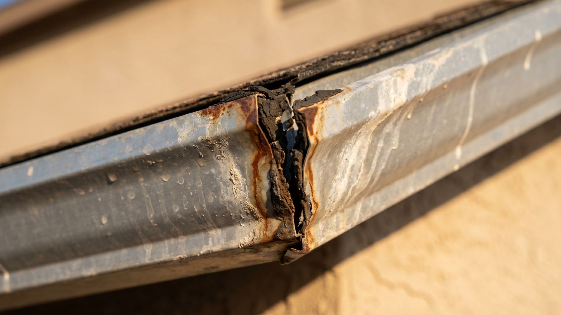 Rusty and damaged metal gutter showing significant wear and corrosion, highlighting the need for maintenance or replacement.
