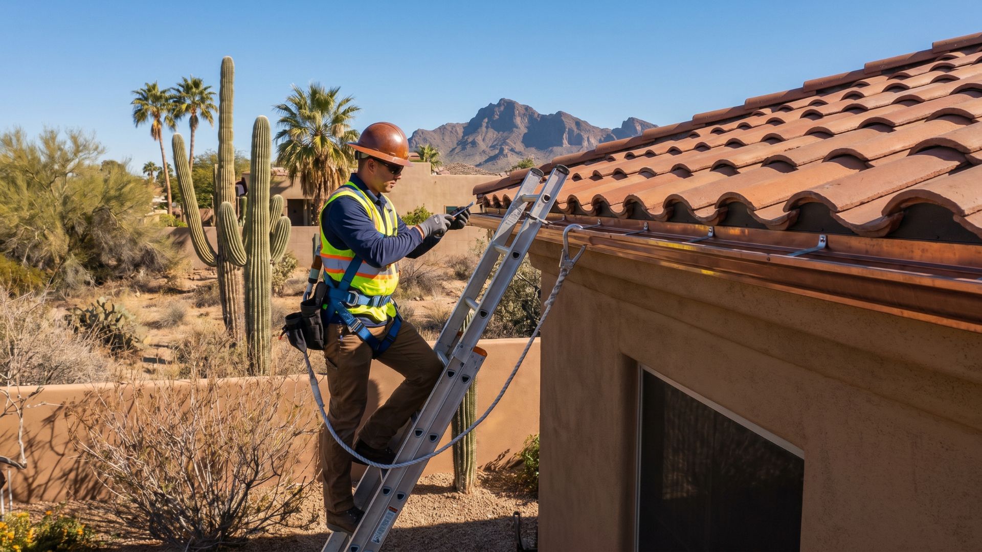 Roofer in safety gear works on a tile roof with a ladder and mountain backdrop in a desert landscape.